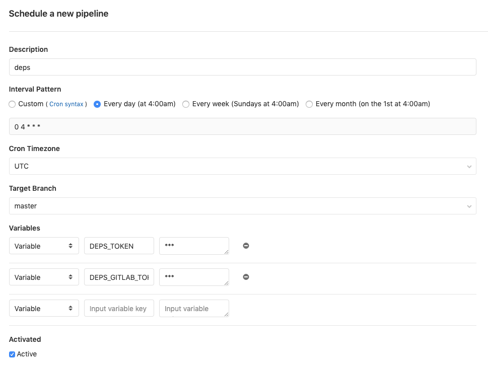 GitLab pipeline schedule for deps